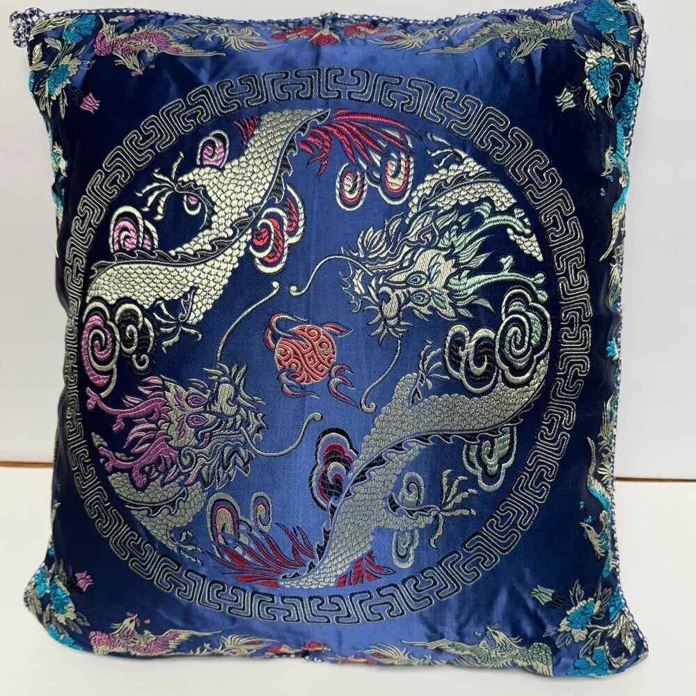 Like NEW  Vintage Asian Pillow Case Cover  Satin Blue